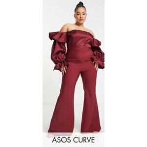 SIZE:18 ASOS LUXE WINE SATIN BARDOT OFF THE SHOULDER JUMPSUIT